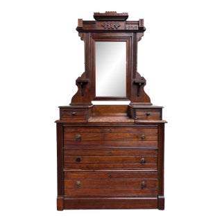 Antique Victorian Eastlake Walnut Dresser With Swivel Mirror and Marble Inlay For Sale
