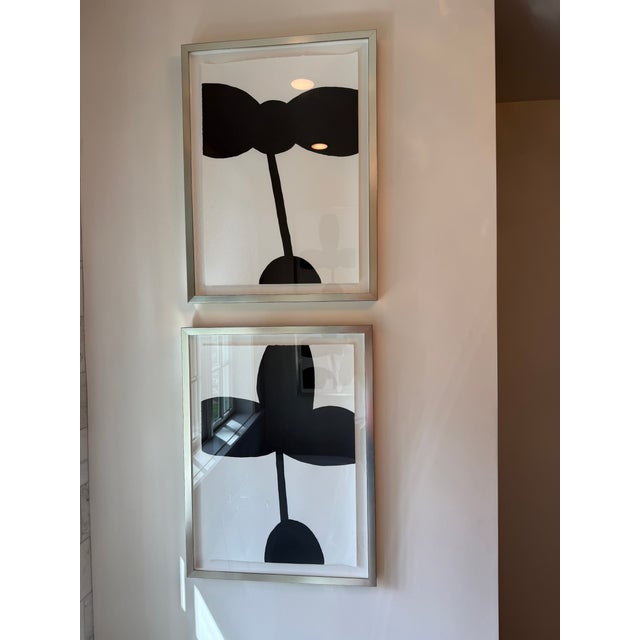 Set of four abstract black and white floral studies floating in silver wood frames. 26.25”H x 19.75”W x 1.5”D