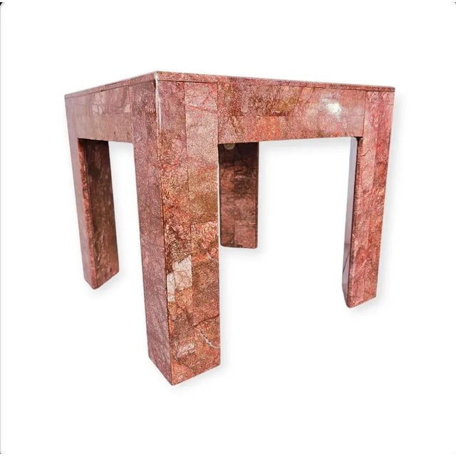 Stone 1960s Mid Century Hollywood Regency Karl Springer Style Tessellated Pink Marble Side Tables - a Pair For Sale - Image 7 of 12