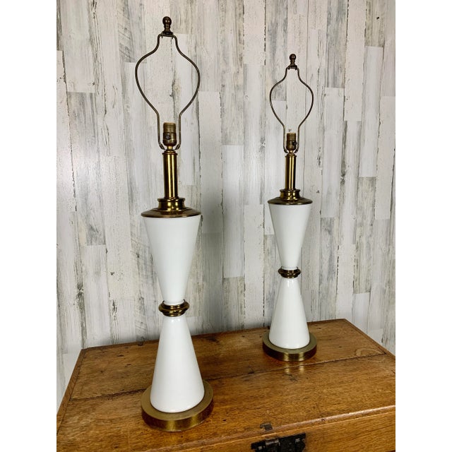 Stiffel Milk Glass and Brass Hourglass Shaped Table Lamps For Sale - Image 4 of 12