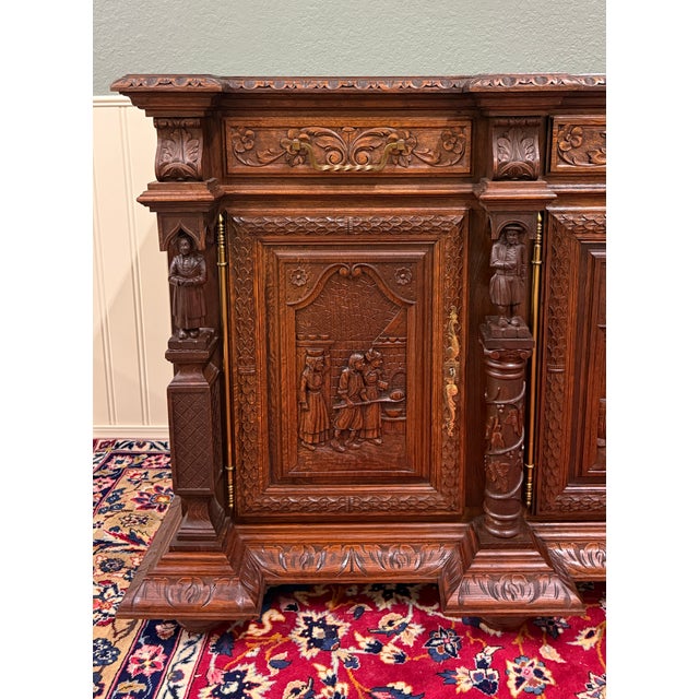 Wood Antique French Breton Large Carved Sideboard Server Entry Buffet Oak c.1900-20s For Sale - Image 7 of 18