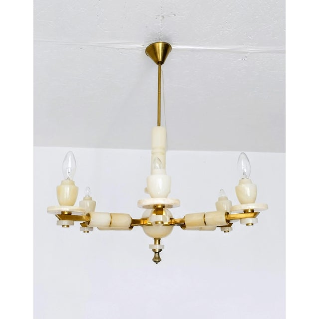 1980s Italian Onyx Brass Vintage Marble Chandelier Lighting Ceiling Fixture Light 6 Arms For Sale - Image 12 of 15
