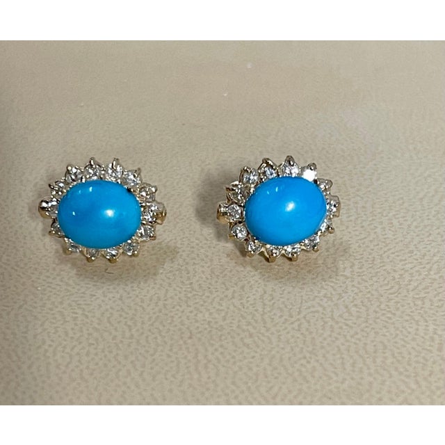Turquoise 8 Ct Oval Sleeping Beauty Turquoise 1.5ct Diamond Stud Earrings 14 K Yellow Gold For Sale - Image 8 of 18