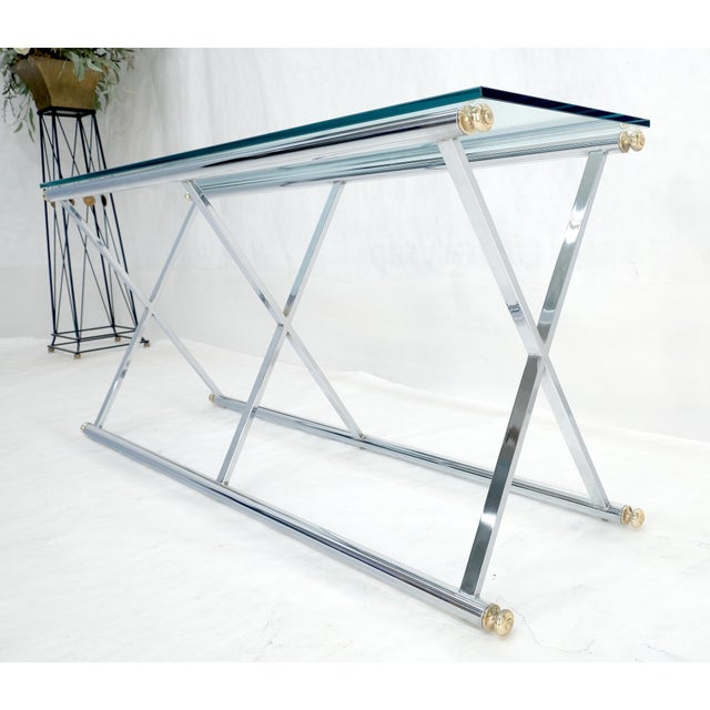 Mid-Century Modern Chrome X Base Glass Top 67" Long Console Sofa Table Mid Century Modern c1970s For Sale - Image 3 of 13