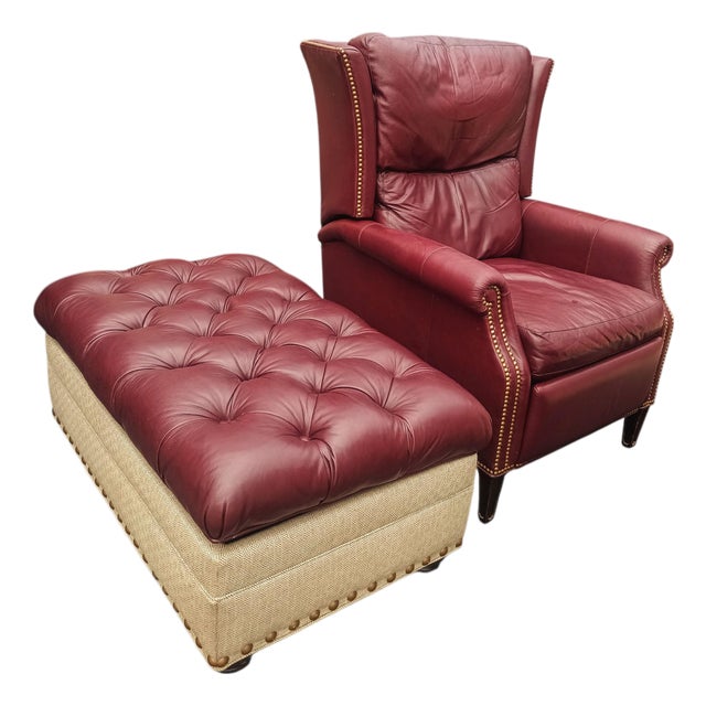 Experience Ultimate Relaxation With This Premium High-Leg Wingback Recliner and Matching Ottoman Combination by MotionCraft. For Sale
