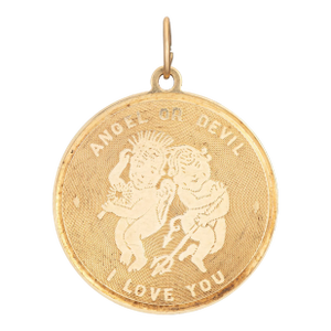 1960s Vintage Angel Devil Charm I Love You 14k Yellow Gold Pendant Fine Jewelry