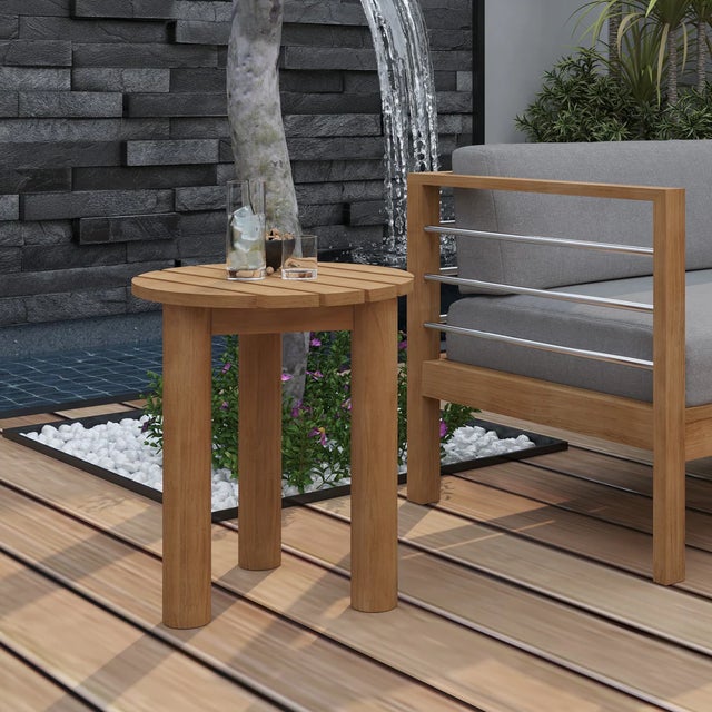 Transitional Hi Teak Rudolph Teak Patio Round Side Table For Sale - Image 3 of 5