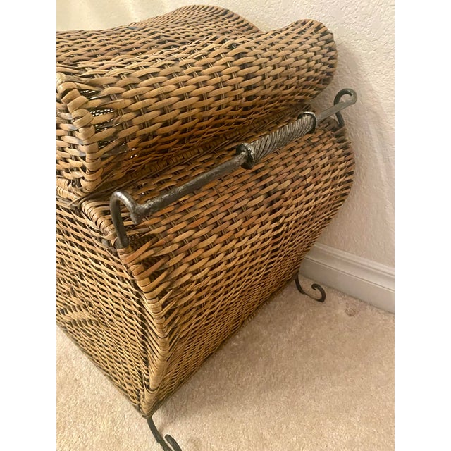 Vintage Woven Rattan Bombay Storage Chest With Lid Wrought Iron Scroll Feet, Handles, and Latch. For Sale - Image 11 of 17