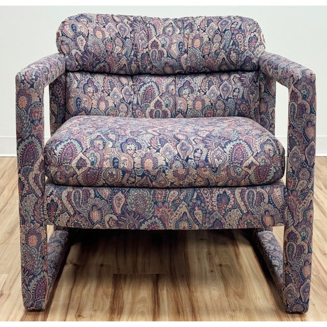 Mid 20th Century Vintage Damask Upholstery Rounded Back Parsons Chair For Sale - Image 5 of 14