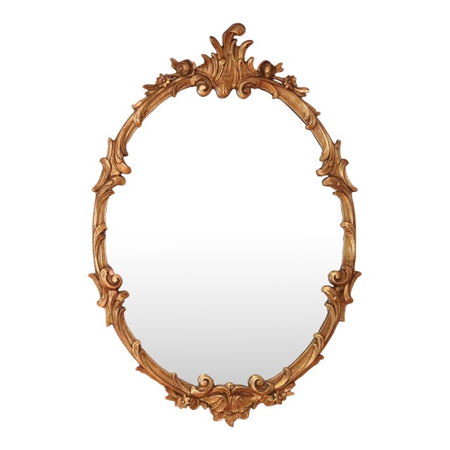 Vintage Gilt Wood Rococò Oval Wall Mirror With Floral Carving For Sale