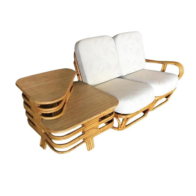 White Restored 4-Strand Square Pretzel "S" Arm Rattan Sofa with Two-Tier Table - Set of 2 For Sale - Image 8 of 8