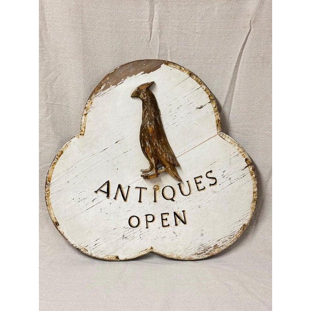 Antique Store Hand Carved Wooden Sign. Clover shaped solid wooden hand painted sign that reads Antiques Open. Lovely hand...