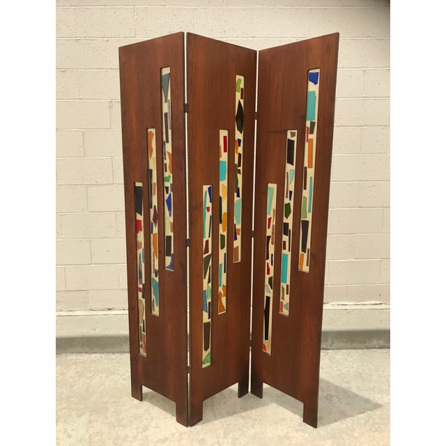 Mid Century Modern Multicolor Art Glass and Wood Screen/Room Divider