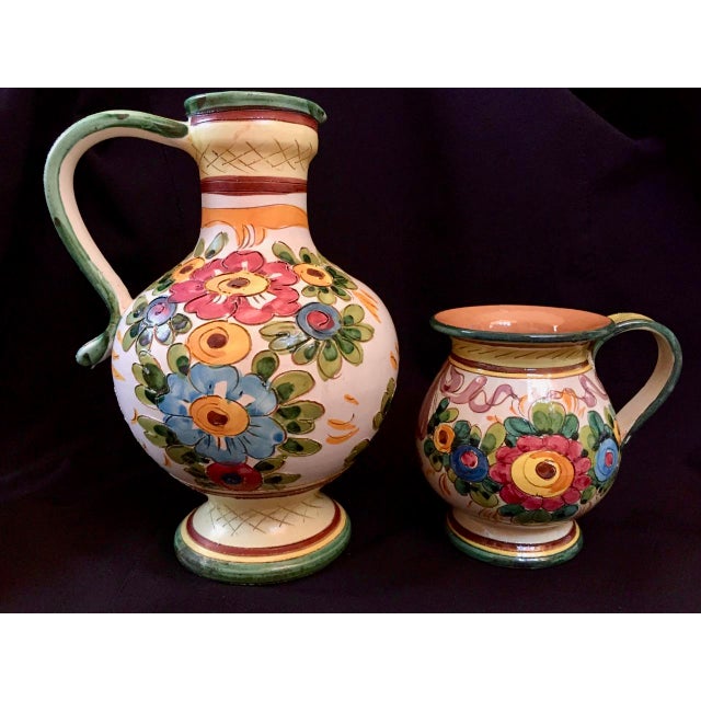 1970s Vintage Italian Pottery Floral Sgraffito Set Pitcher & Vase 2