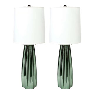 Channel Form Handblown Murano Iridiscent Viridian Green Table Lamps - A Pair For Sale