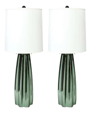 Channel Form Handblown Murano Iridiscent Viridian Green Table Lamps - A Pair