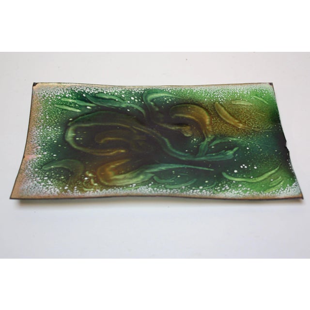 Mid-Century Modern Vintage Green and Gold Enamel on Copper Rectangular Dish For Sale - Image 3 of 11