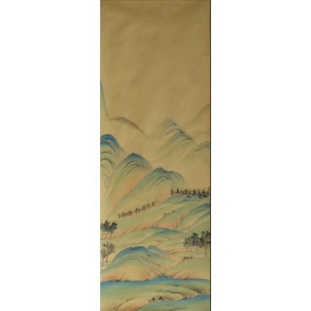 A beautiful set of four hand-painted silk wallpaper panels featuring a serene Chinese-inspired mountain landscape....