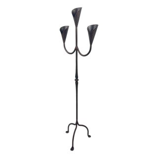 Hand Forged Iron Floor Candelabra 47″ (119cm) Antique Copper Patina 3-Arm Hammered Cone Cup Candle Holder Rustic Decor For Sale