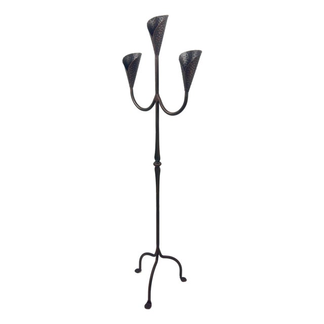 Hand Forged Iron Floor Candelabra 47″ (119cm) Antique Copper Patina 3-Arm Hammered Cone Cup Candle Holder Rustic Decor For Sale