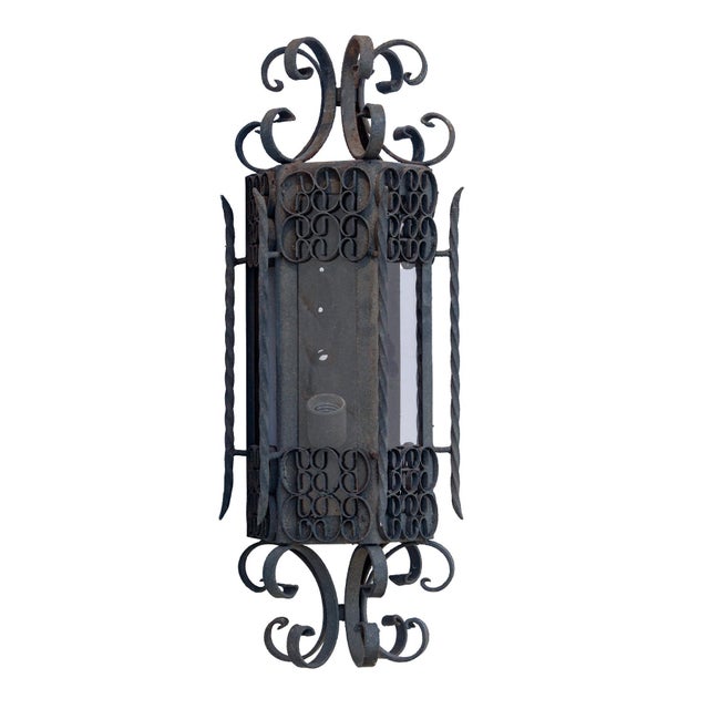 Mid 20th Century Mid 20th Century Spanish Revival Curly Iron Lantern with Smokey Gray Glass Panels For Sale - Image 5 of 8