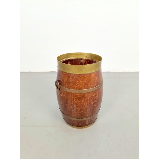 Antethics Coopered Hallway Barrel, Dutch, Oak, Brass, Umbrella Stand Solid Oak churn constructed from staves with brass...