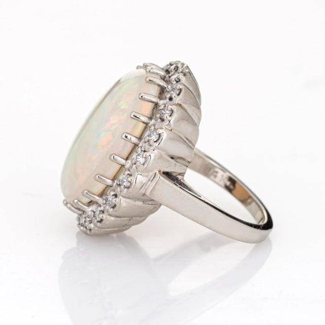 Vintage 14.50ct Natural Opal Diamond Ring 14k White Gold Large Oval Cocktail 5 size 5 For Sale - Image 4 of 7