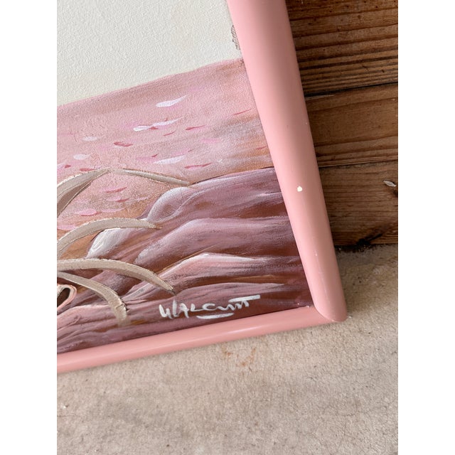 Pink Vintage Coastal Framed Flamingo Painting by Walcutt For Sale - Image 8 of 12