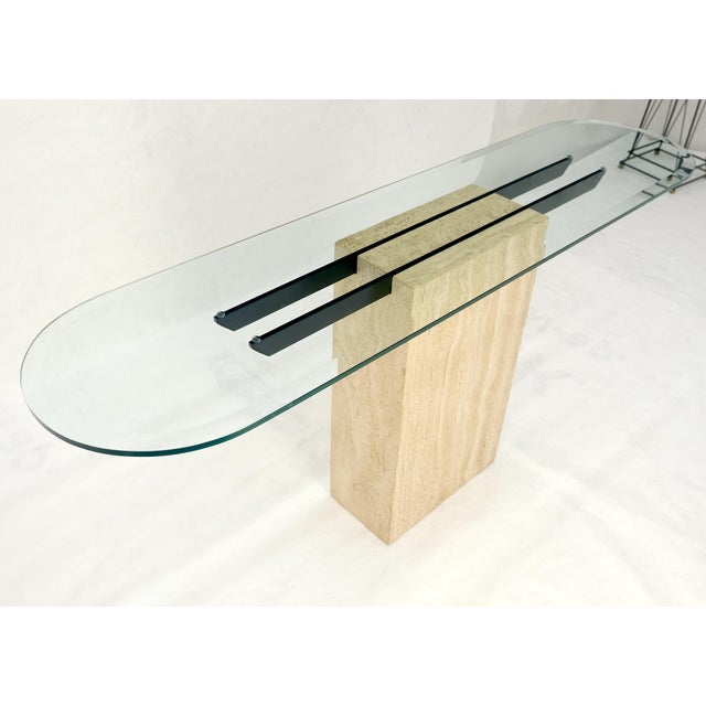 Angelo Mangiarotti Italian c1970s Mid Century Modern Glass Top Single Travertine Base Console Table For Sale - Image 4 of 14