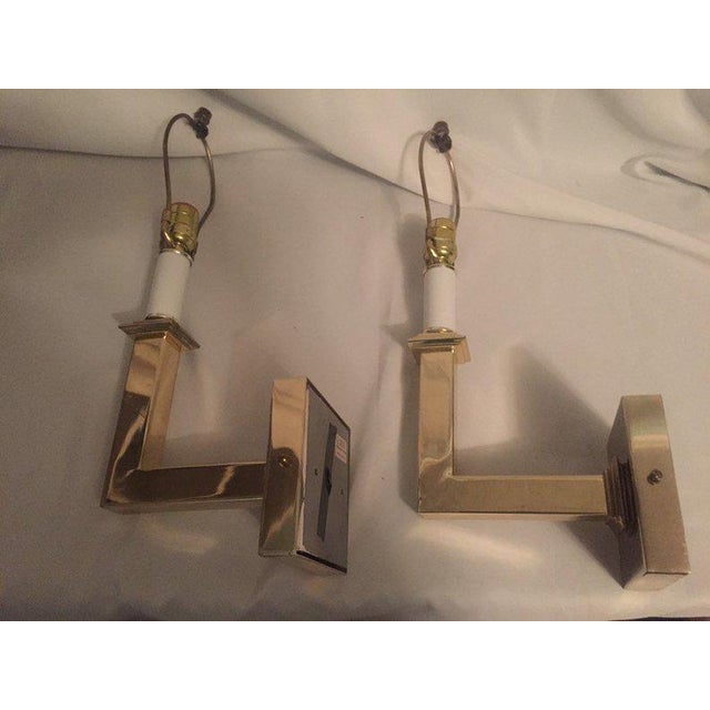 Karl Springer Vintage Modern Square Arm Wall Lamps Heavy Brass in the Style of Karl Springer - a Pair For Sale - Image 4 of 12