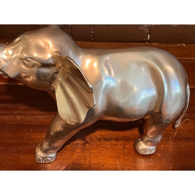 Vintage Solid Brass Elephant Figurine Large Heavy 15" Statue Trumpeting Trunk For Sale In San Francisco - Image 6 of 6