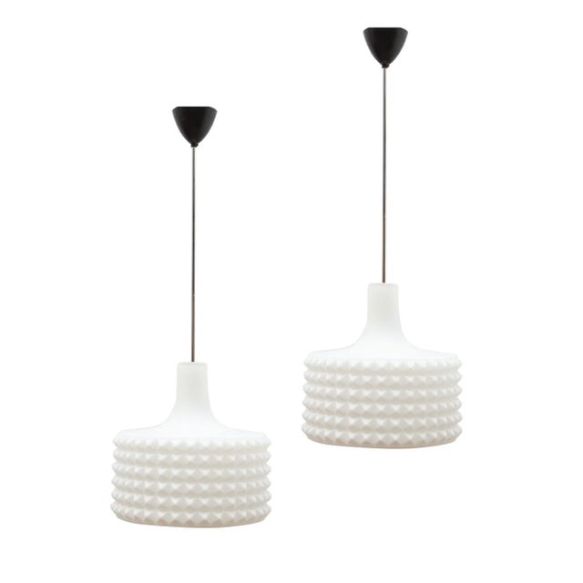 Vintage space age opal glass pendant lamp formed milk glass shade with a pyramid design. Chrome post with grey enamel...