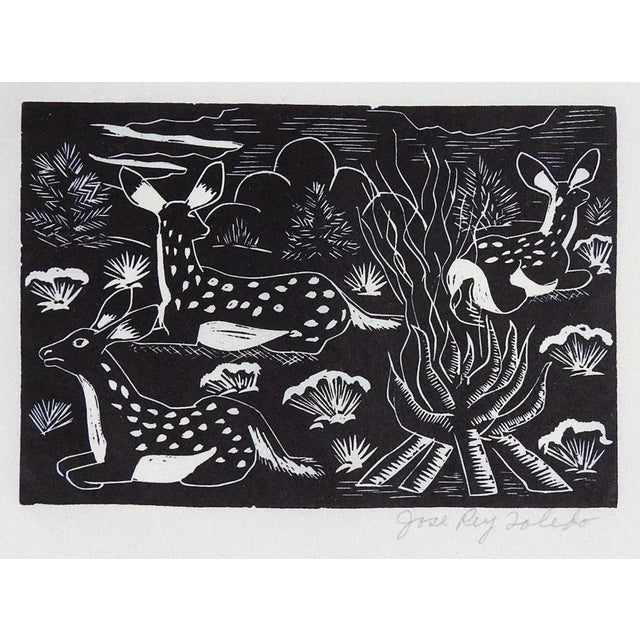 Vintage Mid 20th Century Jose Rey Toledo Three Deer Fawns Woodcut For Sale - Image 4 of 4