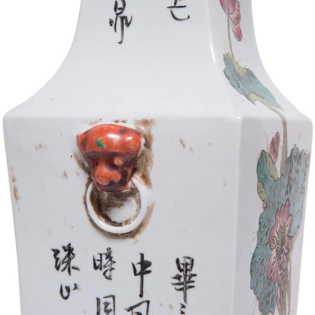 Pair of Chinese Squared Fantail Vases With Egrets Beneath Lotus For Sale - Image 10 of 11