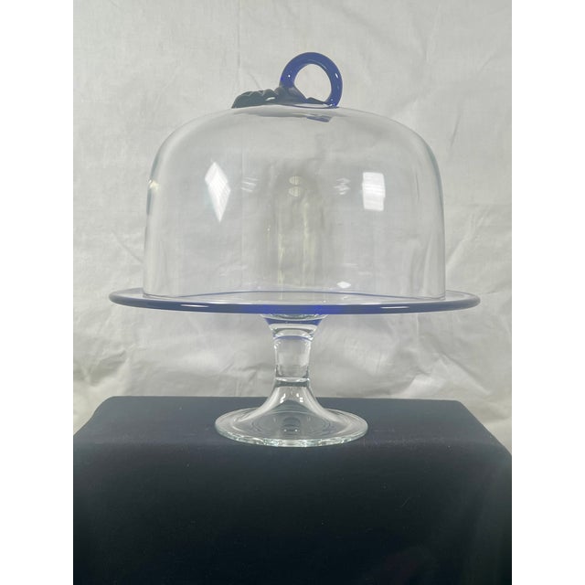 Traditional Vintage Hand-Blown Cake Stand With Cover, Cobalt Blue Trim For Sale - Image 3 of 7