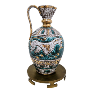 Fratelli Fanciullacci Sgraffito Pottery Ewer – Turquoise & Gold Lava Glaze, Italian Mid-Century