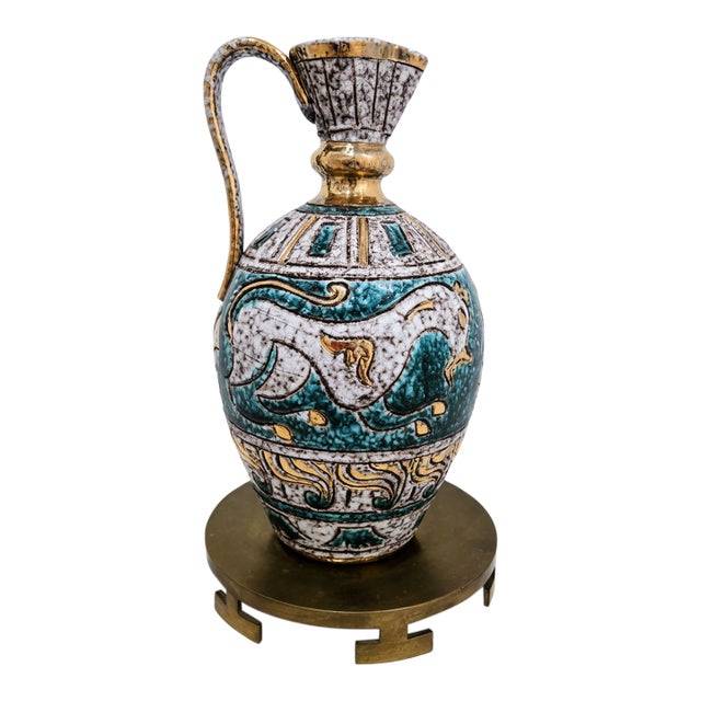Mid 20th Century Italian Sgraffito Pottery Ewer, Turquoise & Gold Lava Glaze, Fratelli Fanciullacci for Elbee, 30/50 For Sale