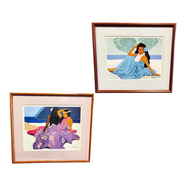 1980 "Wahine" & "Lei Wahine" Lithograph Prints by Luigi Fumagalli in Koa Frame, Pair For Sale