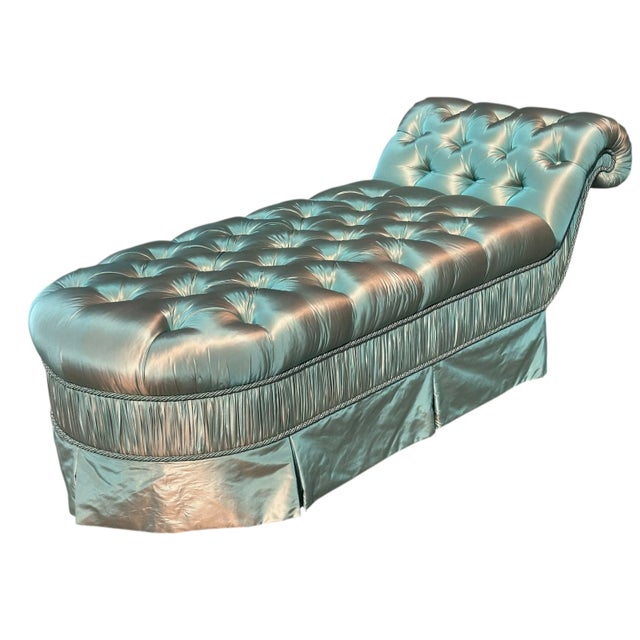 1990s Hollywood Regency Turquoise Satin Tufted Chaise Lounge - Joanna Carson Estate For Sale - Image 5 of 5