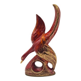 Mid-Century Modern Orange Ceramic Phoenix Sculpture With Gilded Detailing – Hollywood Regency Style For Sale