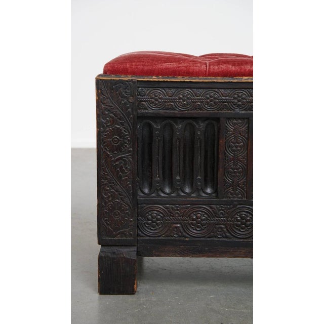 English Bench with Wood Carvings and Red Fabric Padded Seat For Sale - Image 9 of 12