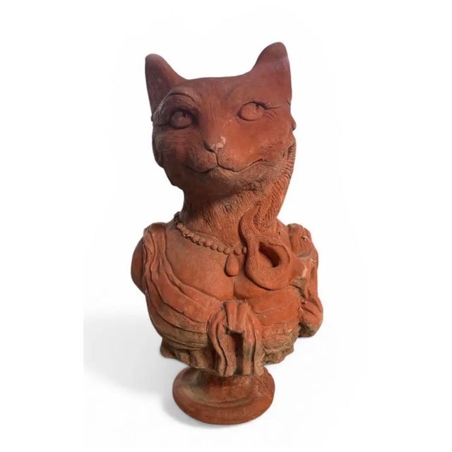 Neoclassical Vintage Anthropomorphic Cat Bust Sculpture in Terracotta-Colored Reconstituted Stone For Sale - Image 3 of 8