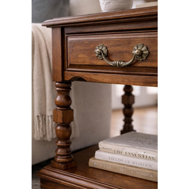 Coffee Late 20th Century Pair of Cal Shops Solid Wood Traditional Nightstands With Turned Legs & Lower Shelf For Sale - Image 8 of 11