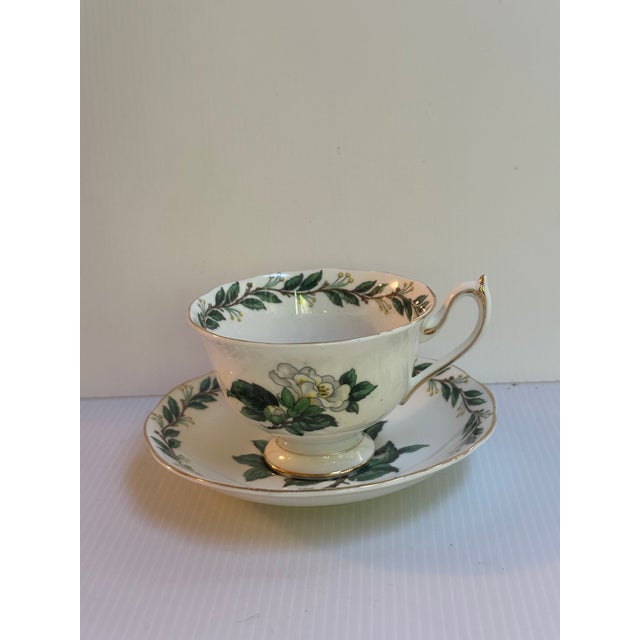 1950s Vintage Royal Albert England "Lady CLARE"Sign A.Wagg Teacup and Saucer Set White Gardenia Green Leaves For Sale - Image 5 of 18