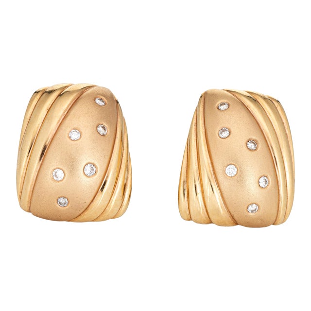 Large Vintage 1980s Diamond 14k Yellow Gold Earrings - 2 Pieces For Sale