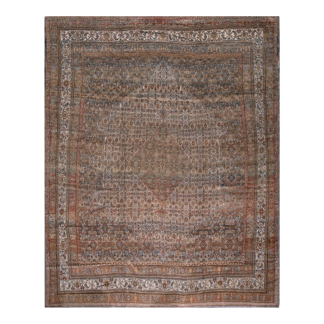Authentic Antique Persian Bibikabad Rug in a Ivory Background With Medallion Design For Sale