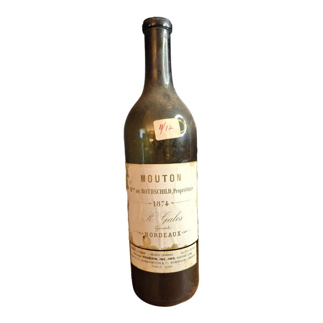 Rare 1874 Chateau Mouton Rothschild Empty Wine Bottle & Original Cork R. Galos For Sale
