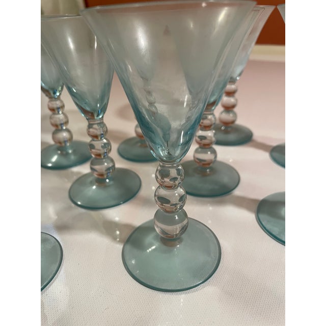 1960s 1960s One Dozen (12) Vintage Turquoise Glass Cordials With Bubble Stems For Sale - Image 5 of 10