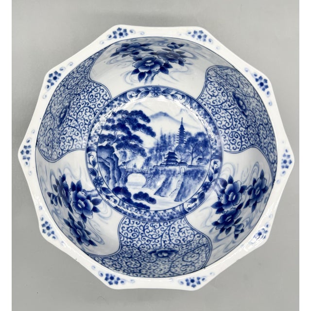 Japanese Large Vintage Blue & White Japanese Porcelain Geometric Bowl - Chinoiserie, Traditional, Asian, Grandmillennial For Sale - Image 3 of 14