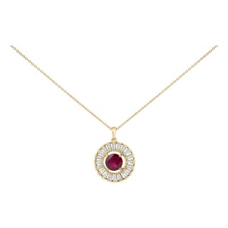 14K Yellow Gold Plated Sterling Silver Lab Grown Ruby and Diamond Medallion Pendant Necklace For Sale